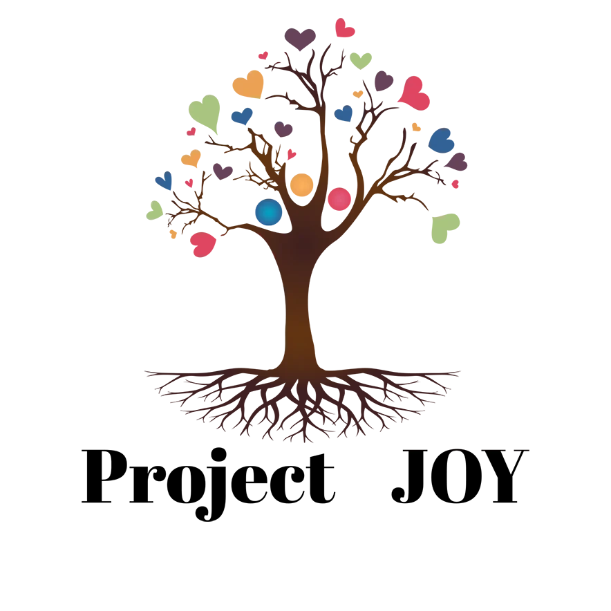 ProjectJoyLogo-circlefit tree illustration with roots and colorful hearts and circles instead of leaves followed by the words Project Joy